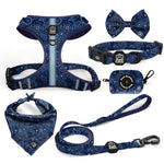 Blue Paisley Deluxe Adjustable Set: Complete Dog Accessory Ensemble including Harness, Collar, Leash, Cooling Bandana, Bow Tie, and More