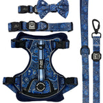 Blue Paisley Deluxe Adventure Set: Premium Dog Harness, Leash, Collar, Bow Tie, and Cooling Bandana