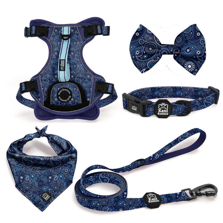 Blue Paisley Deluxe Adventure Set: Premium Dog Harness, Leash, Collar, Bow Tie, and Cooling Bandana