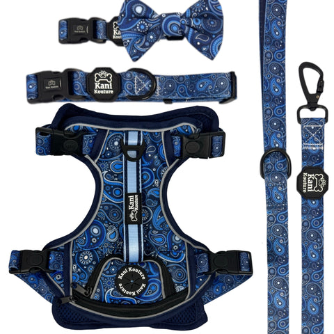Blue Paisley Deluxe Adventure Set: Premium Dog Harness, Leash, Collar, Bow Tie, and Cooling Bandana
