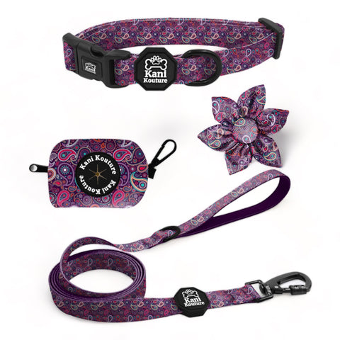 Purple Paisley Essential Collar Set: Adjustable Dog Collar, Leash, Bow Tie, and Accessories