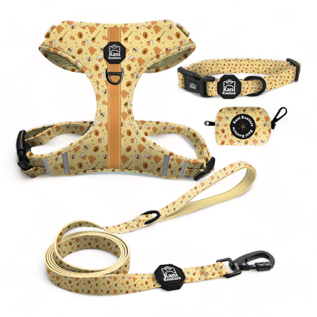 Honey Bee Essential Adjustable Set: Adjustable Dog Harness, Collar, Leash, and Poop Bag Dispenser for Stylish and Functional Walks