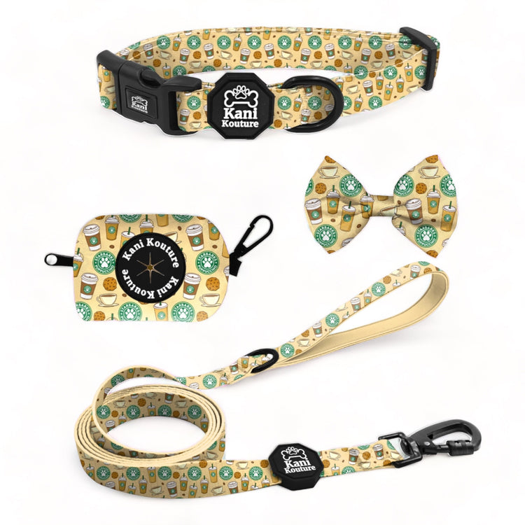 Puppuccino Essential Collar Set: Adjustable Dog Collar, Leash, Bow Tie, and Accessories