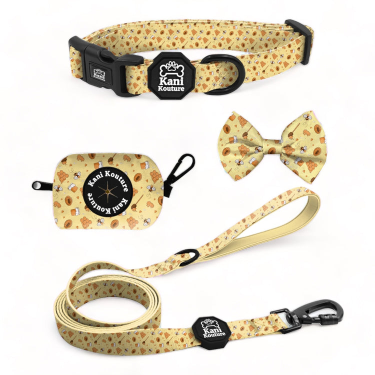 Honey Bee Essential Collar Set: Adjustable Dog Collar, Leash, Bow Tie, and Accessories