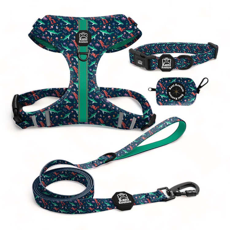 Scuba Dive Essential Adjustable Set: Dive into Adventure with Adjustable Dog Harness, Collar, Leash, and Poop Bag Dispenser for Your Canine Companion