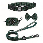 Green Paisley Essential Collar Set: Adjustable Dog Collar, Leash, Bow Tie, and Accessories