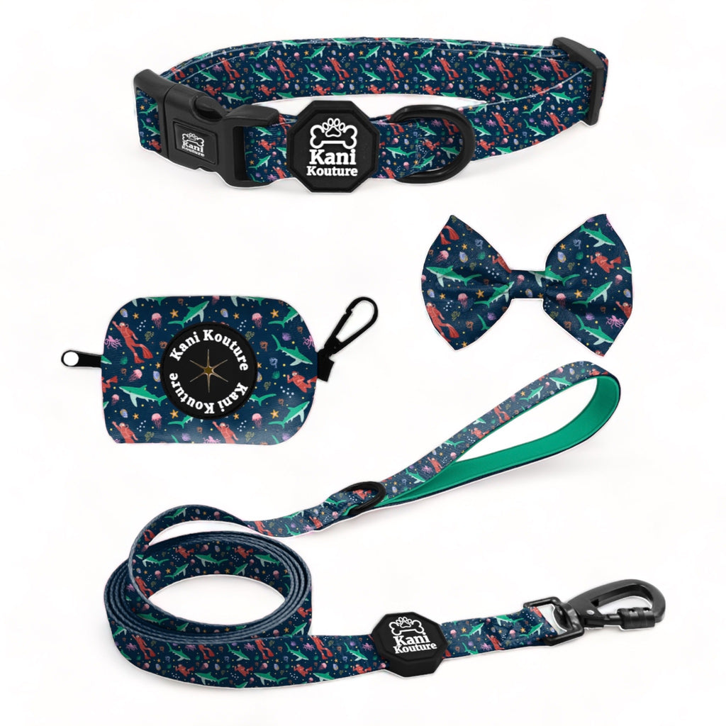 Scuba Dive Essential Collar Set: Adjustable Dog Collar, Leash, Bow Tie, and Accessories