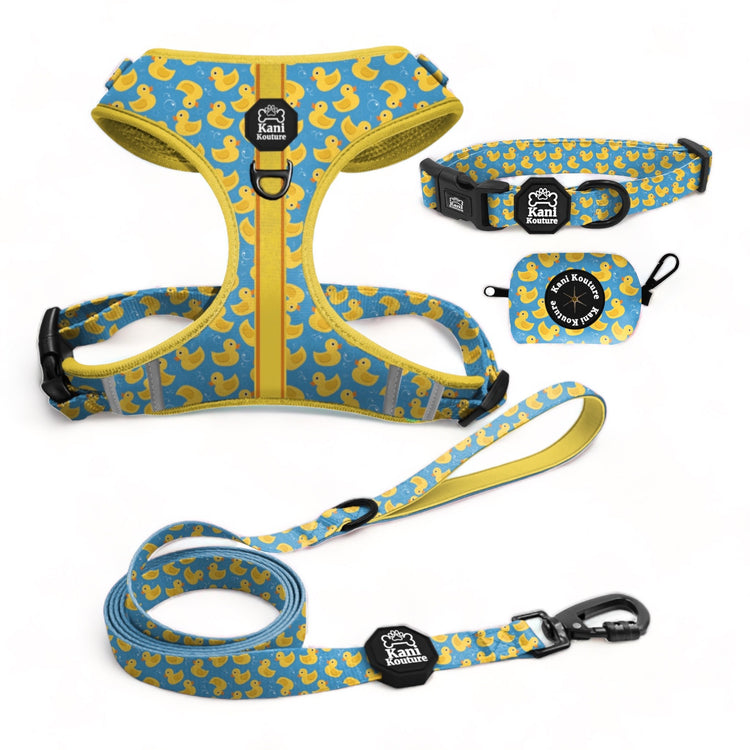 Rubber Ducky Essential Adjustable Set: Customizable Dog Harness, Collar, Leash, and Poop Bag Dispenser for Stylish and Practical Walks