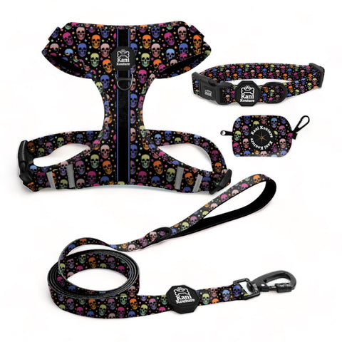 Skully Party Essential Adjustable Set: Get Ready to Party with Adjustable Dog Harness, Collar, Leash, and Poop Bag Dispenser for Your Pooch's Stylish Adventure