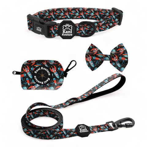 Space Voyage Essential Collar Set: Adjustable Dog Collar, Leash, Bow Tie, and Accessories