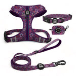 Purple Paisley Essential Adjustable Set: Dog Harness, Collar, Leash, and Poop Bag Dispenser for Stylish and Comfortable Walks
