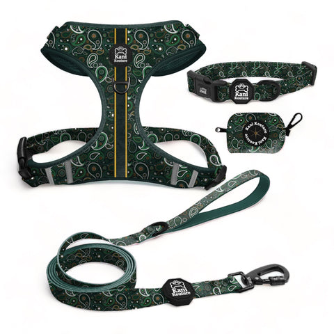 Green Paisley Essential Adjustable Set: Adjustable Dog Harness, Collar, Leash, and Poop Bag Dispenser for Stylish and Functional Walks