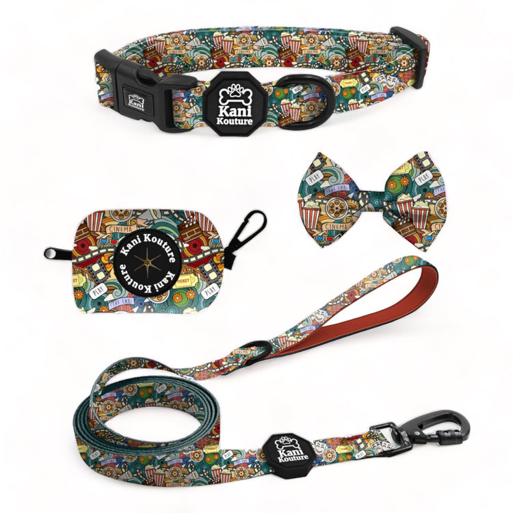 Cinema Essential Collar Set: Adjustable Dog Collar, Leash, Bow Tie, and Accessories
