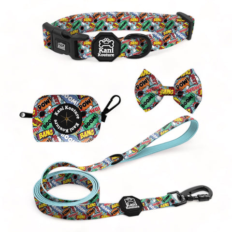 Boom Pow Bang Essential Collar Set: Adjustable Dog Collar, Leash, Bow Tie, and Accessories