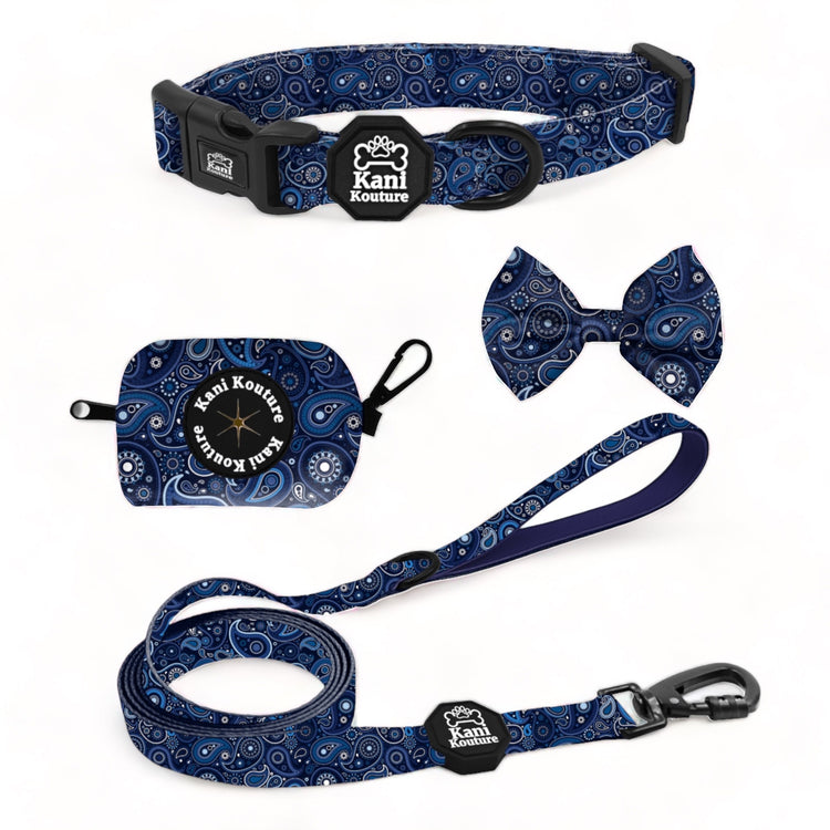 Blue Paisley Essential Collar Set: Adjustable Dog Collar, Leash, Bow Tie, and Accessories