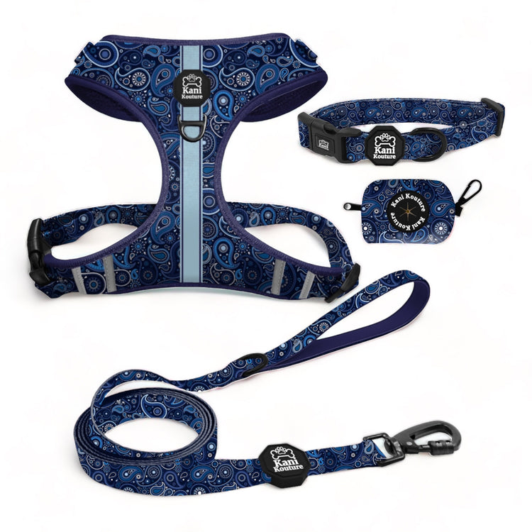 Blue Paisley Essential Adjustable Set: Adjustable Dog Harness, Collar, Leash, and Poop Bag Dispenser Accessories