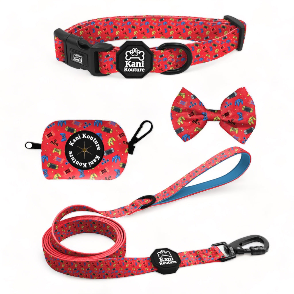 Game Over Essential Collar Set: Adjustable Dog Collar, Leash, Bow Tie, and Accessories