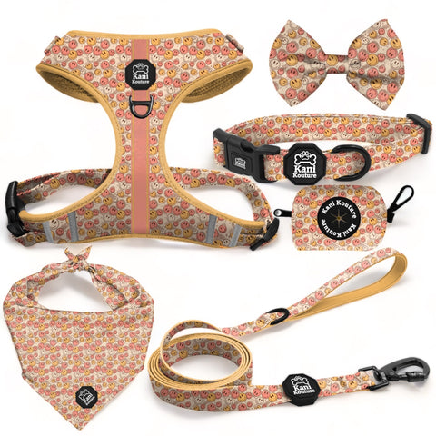 All Smiles Deluxe Adjustable Set: Dog Harness, Leash, Collar, Bow Tie, Cooling Bandana, and Accessories