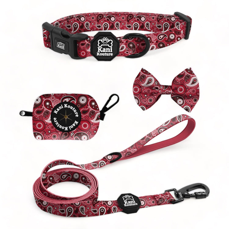Red Paisley Essential Collar Set: Adjustable Dog Collar, Leash, Bow Tie, and Accessories
