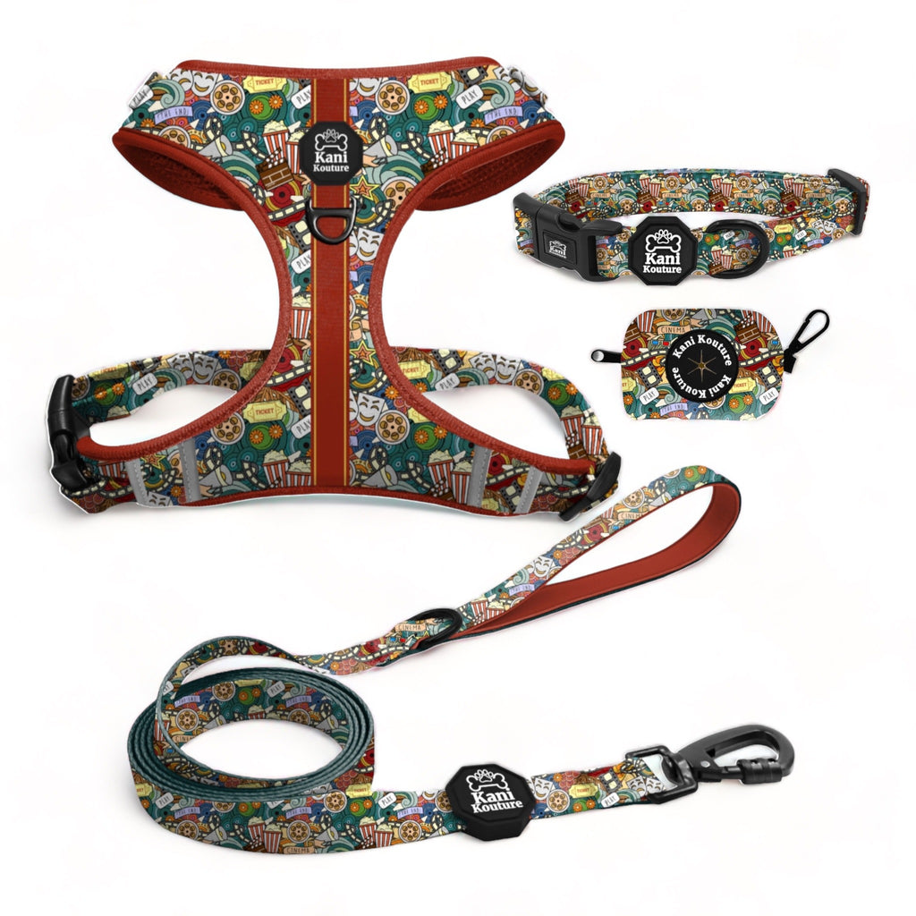 Cinema Essential Adjustable Set: Adjustable Dog Harness, Collar, Leash, and Convenient Poop Bag Dispenser for Comfortable and Trendy Outdoor Adventures