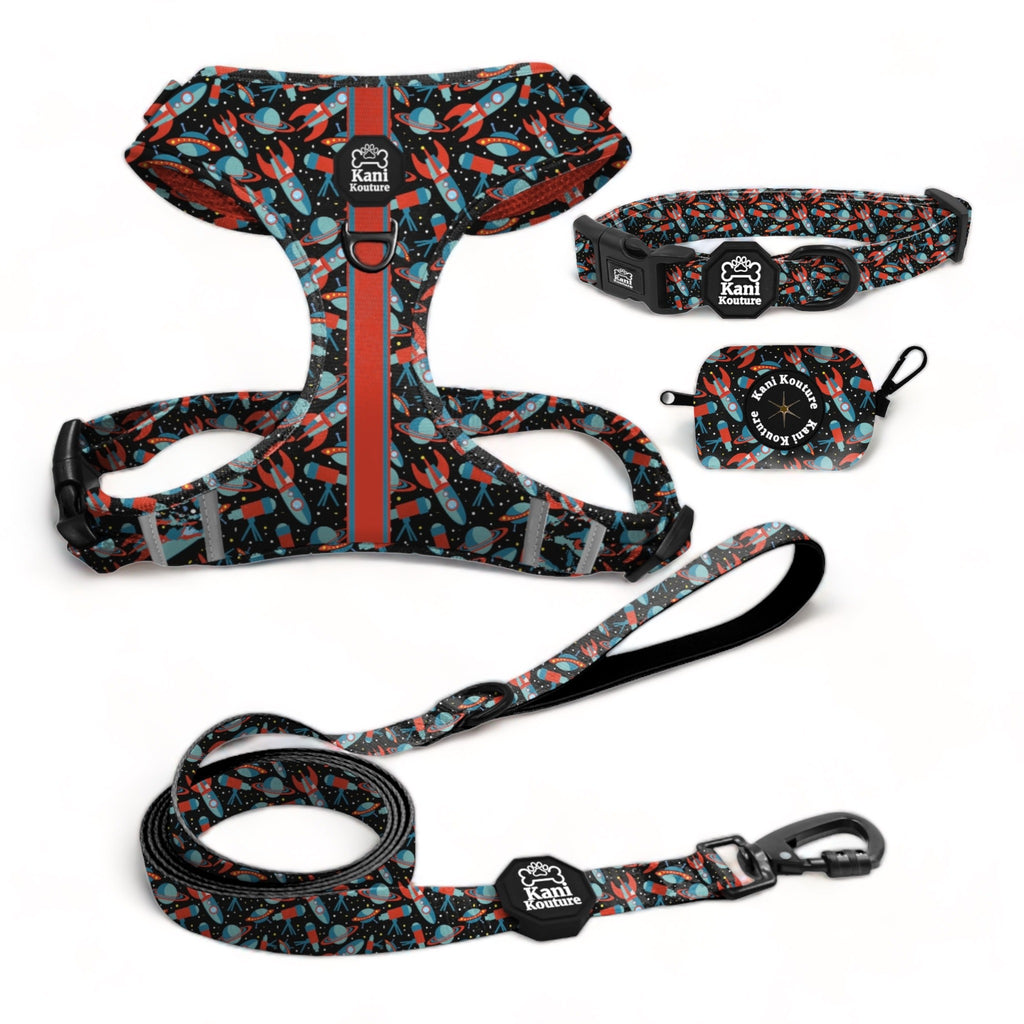 Space Voyage Essential Adjustable Set: Explore the Universe with Adjustable Dog Harness, Collar, Leash, and Poop Bag Dispenser for Your Canine Companion's Space-Ready Look