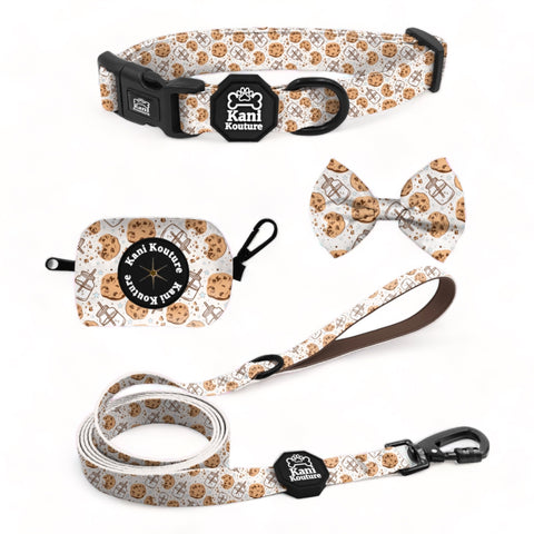 Milk & Cookies Essential Collar Set: Adjustable Dog Collar, Leash, Bow Tie, and Accessories